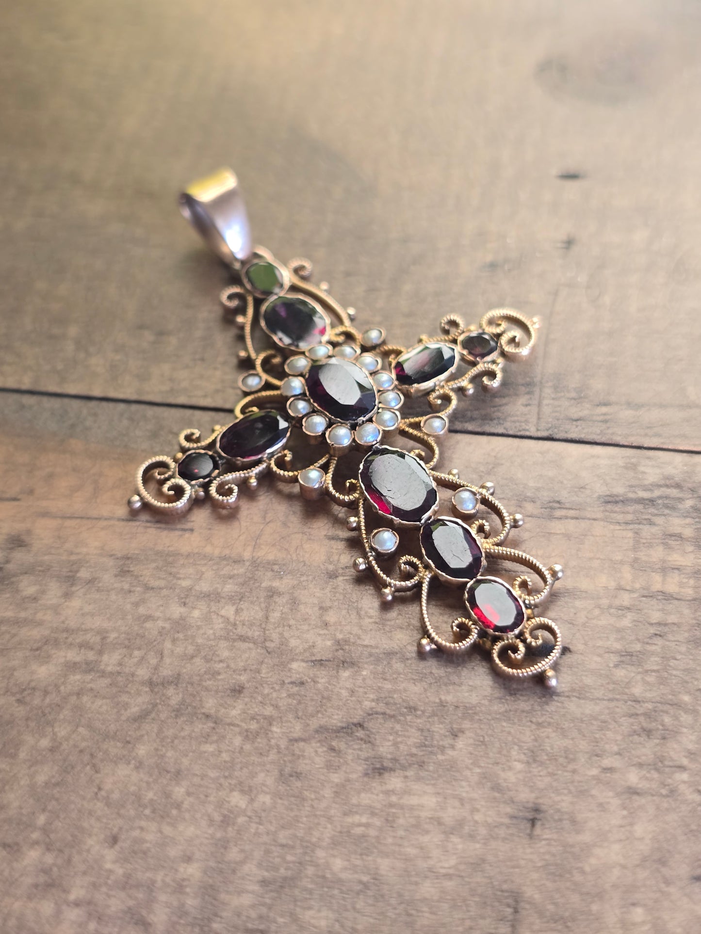 10K Garnet and Seed Pearl Cross Pendant