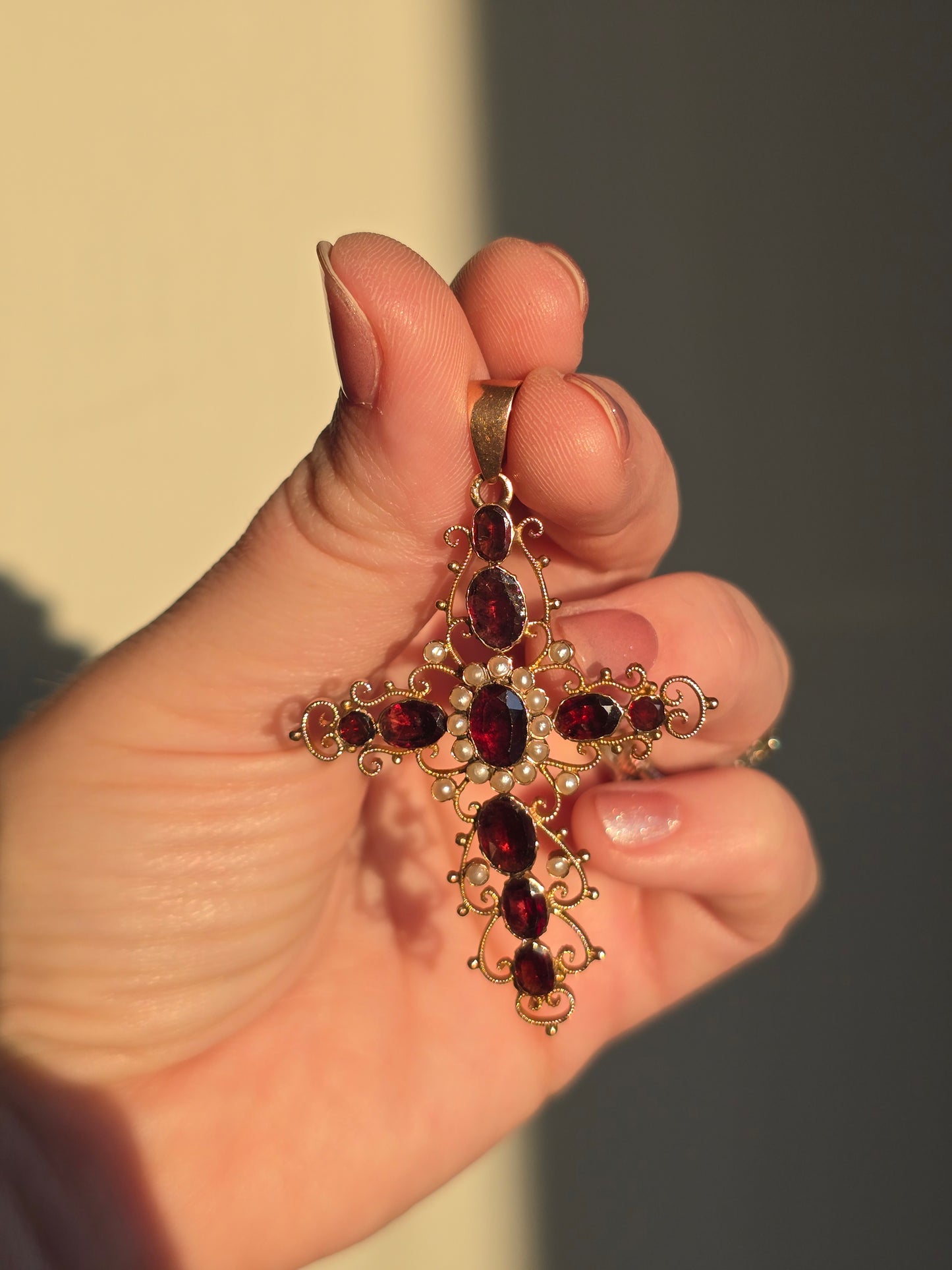 10K Garnet and Seed Pearl Cross Pendant