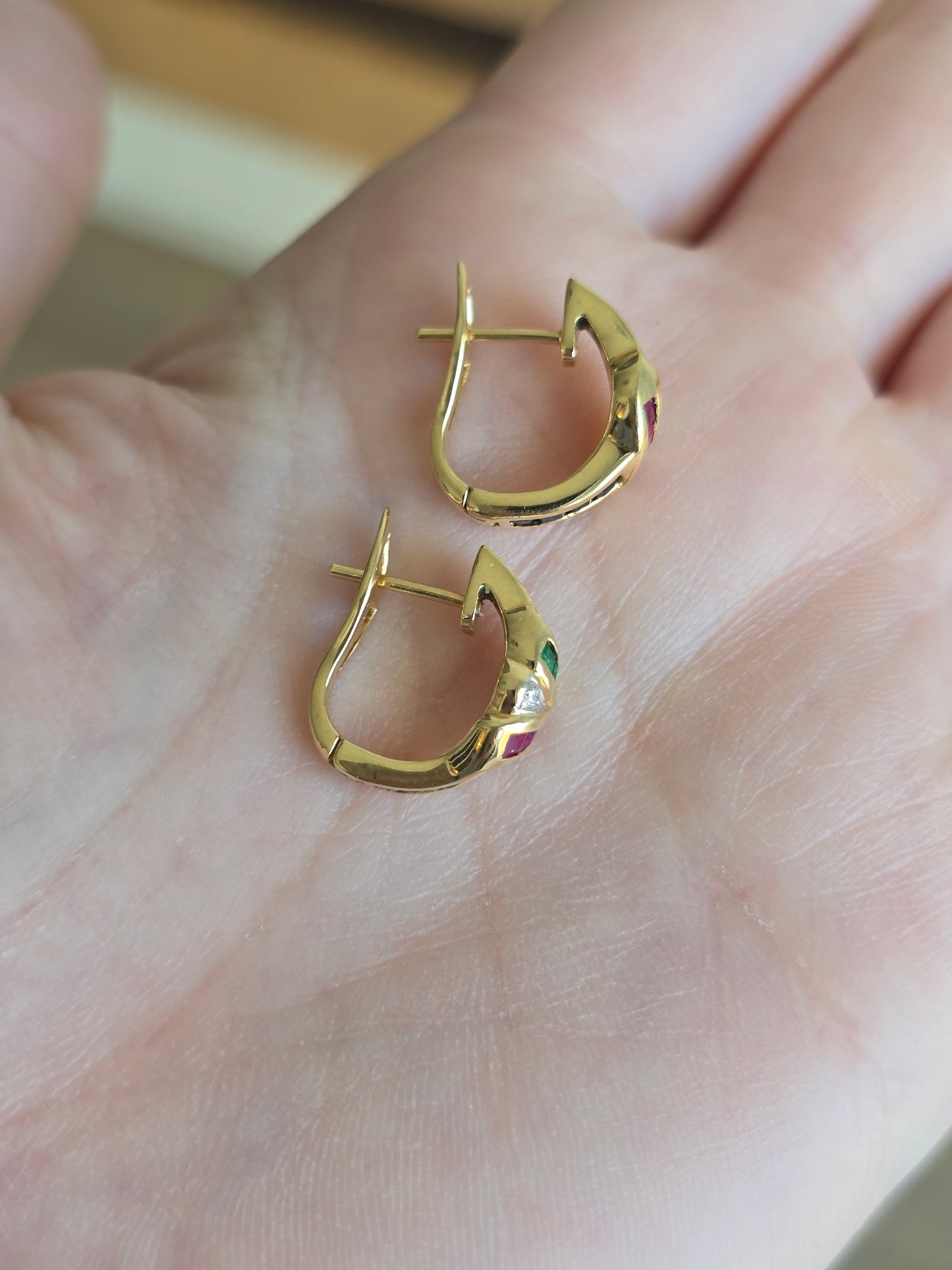 18k Yellow Gold Ruby, Emerald, Sapphire and Diamond Hoop Earrings