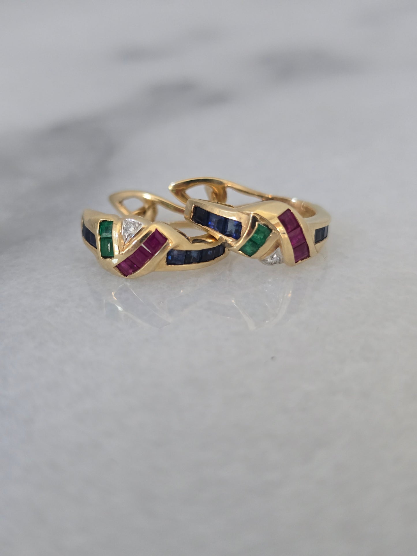 18k Yellow Gold Ruby, Emerald, Sapphire and Diamond Hoop Earrings