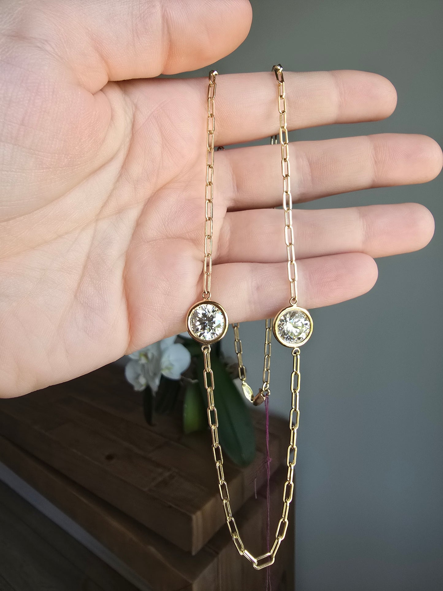 14K Yellow Gold Paper Clip Necklace with Lab Grown Diamond Stations