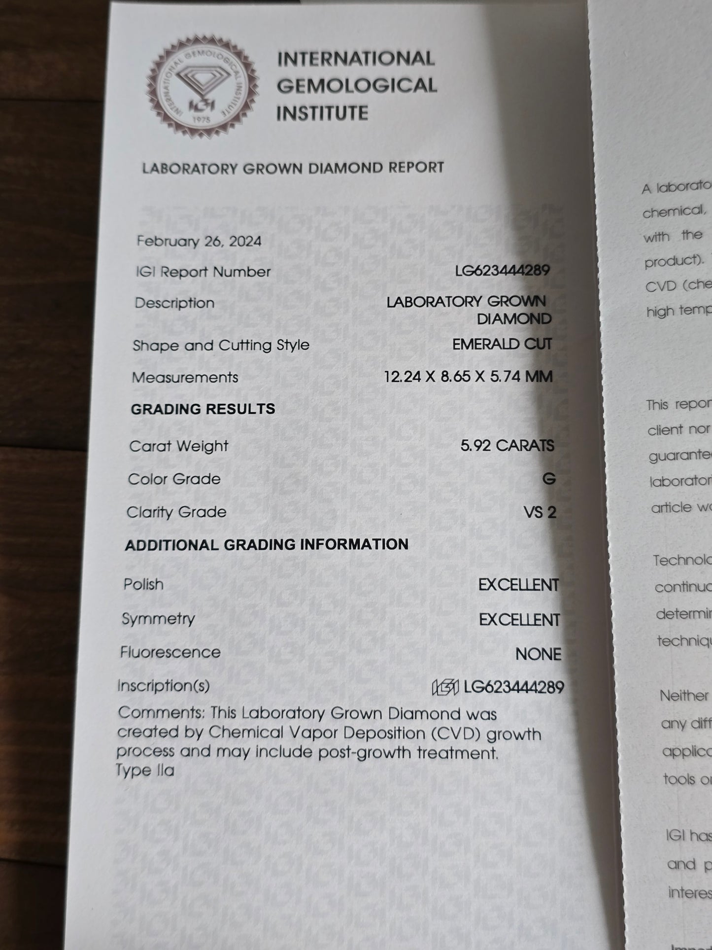 Loose 5.92 CT Emerald Cut Lab Grown Diamond with IGI Report