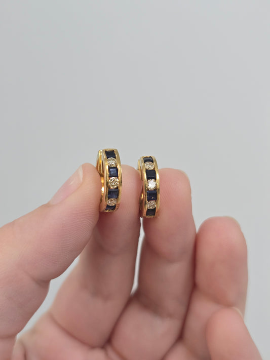 18K Yellow Gold Sapphire and Diamond Huggie Hoops