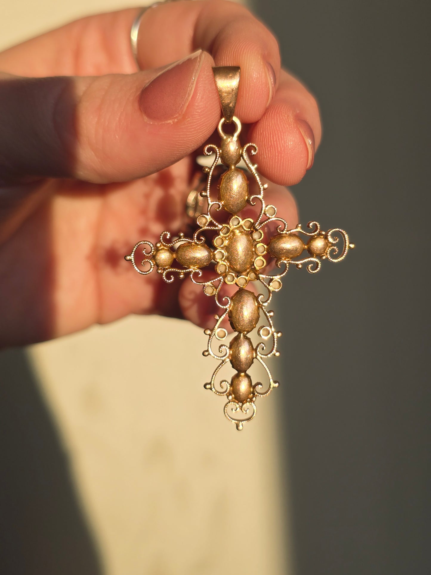 10K Garnet and Seed Pearl Cross Pendant