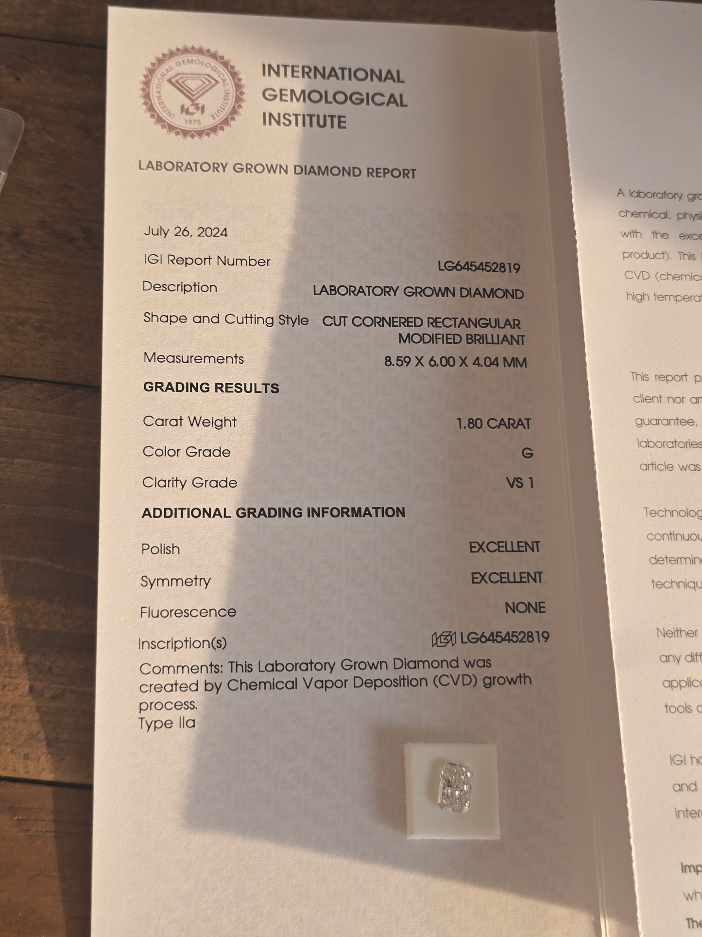 1.8ct Radiant Lab Grown Diamond with IGI Report