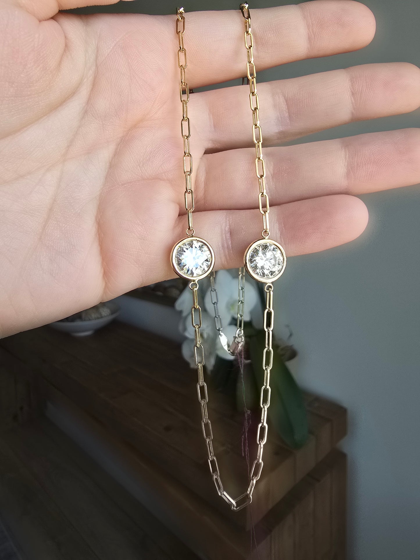 14K Yellow Gold Paper Clip Necklace with Lab Grown Diamond Stations