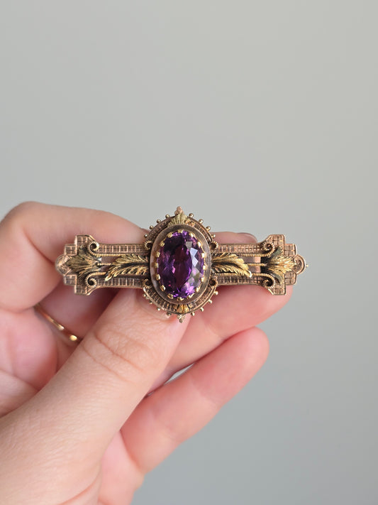 Victorian 10K Rose Gold 9.81 CT Amethyst Converter Brooch with Green Gold Accent