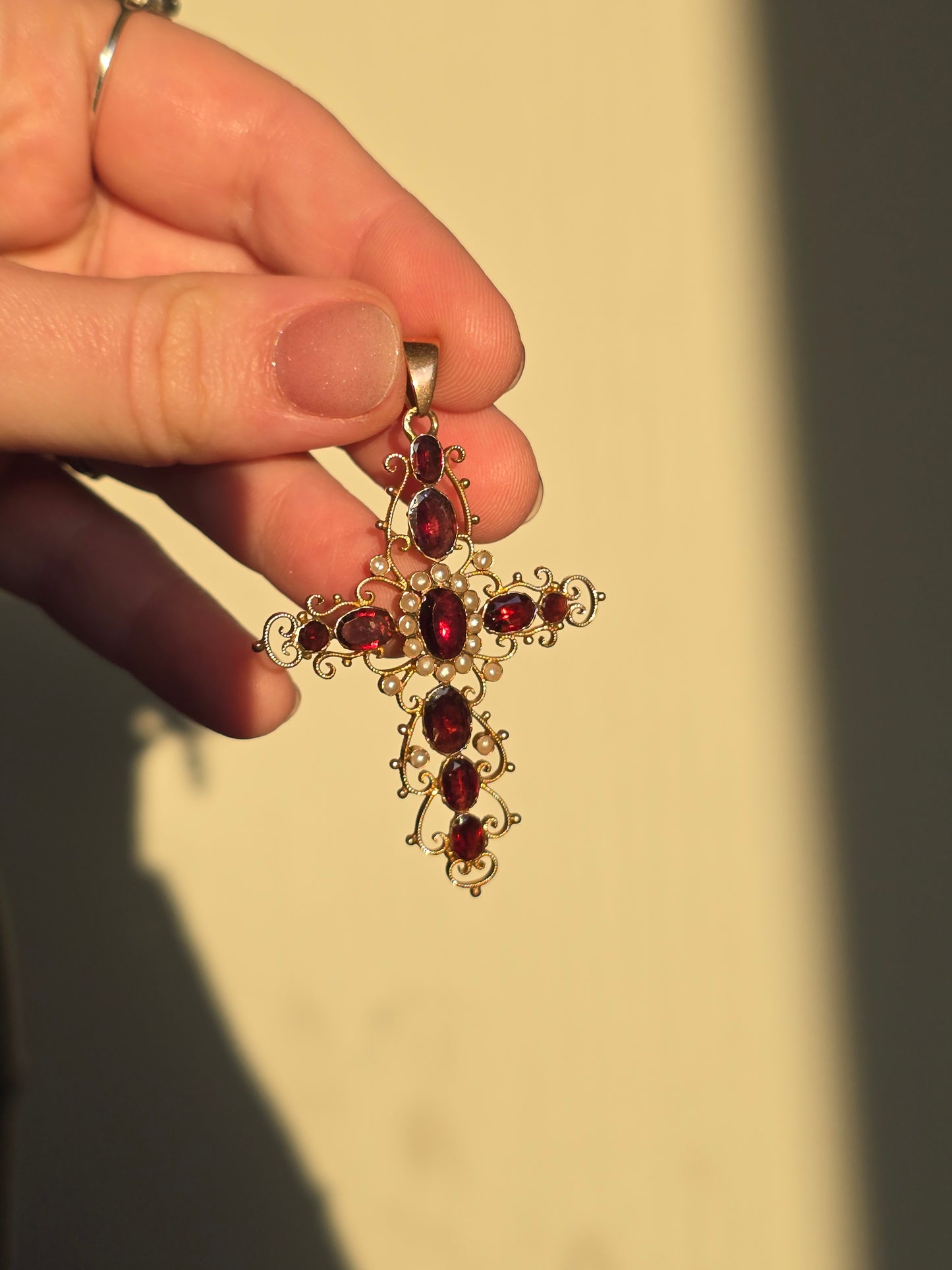 10K Garnet and Seed Pearl Cross Pendant
