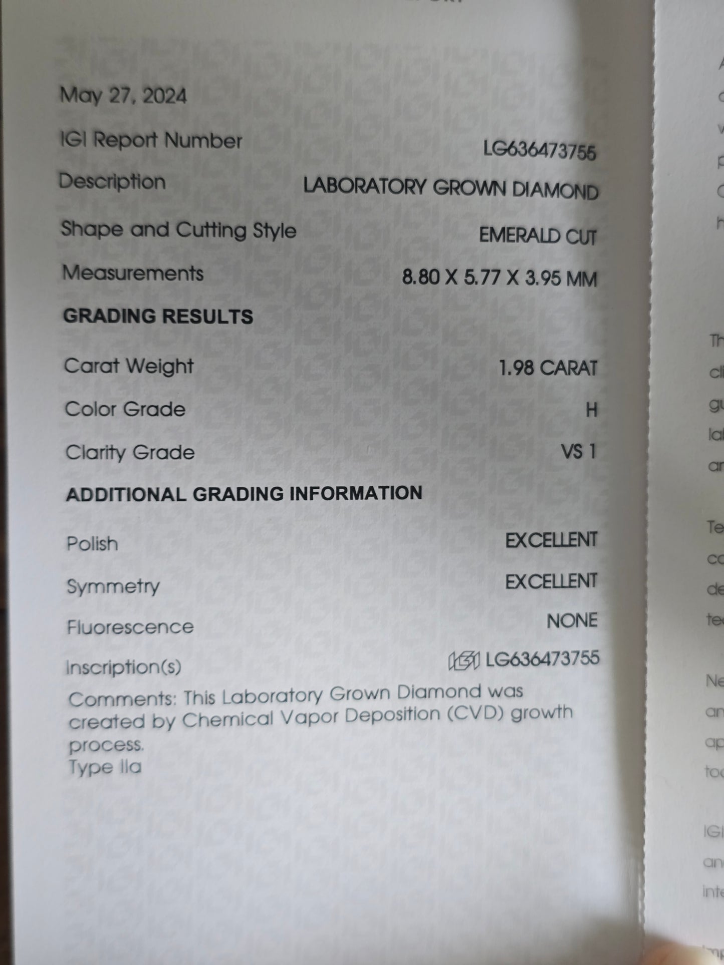 Loose 1.98 CT Emerald Cut Lab Grown Diamond with IGI Report