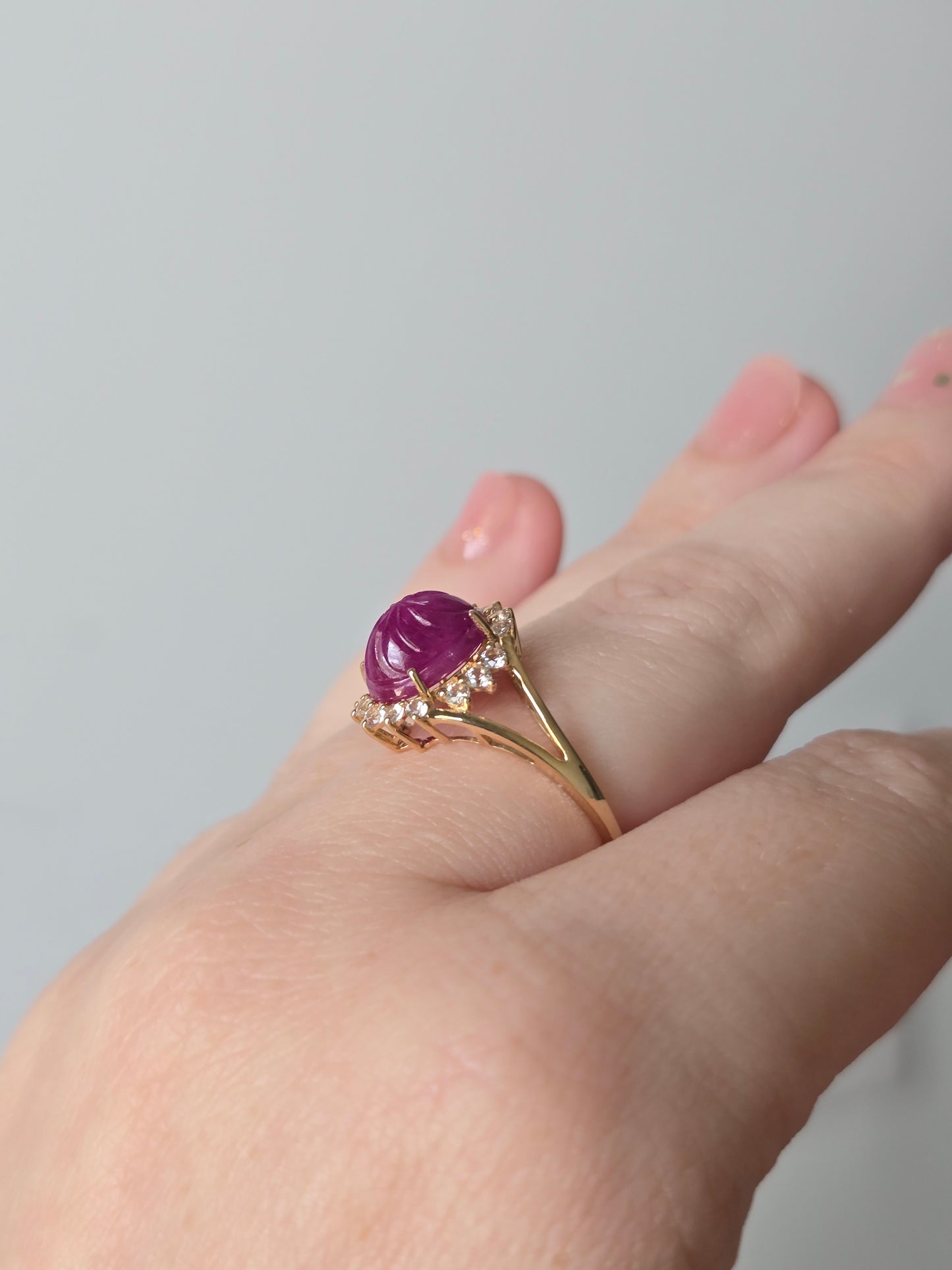 14K Yellow Gold Carved Ruby and White Sapphire Ring